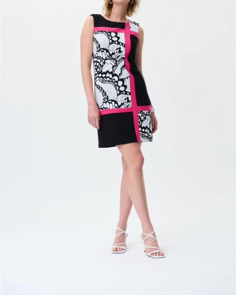 Front of a model wearing a size 12 Sleeveless Dress In Black/Multi in Black/Multi by Joseph Ribkoff. | dia_product_style_image_id:341879